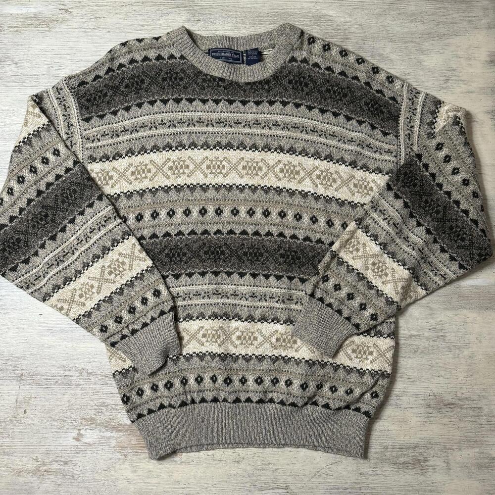 EUC Men’s  Vintage 80s 90s Tan Brown Patterned Sweater Size Large